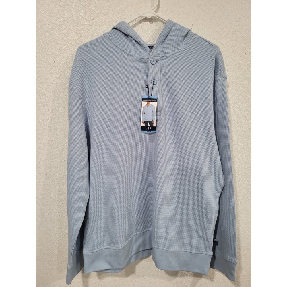 Gap Men's Blue Waffle Knit Henley Size Large NEW‎ Hooded Pullover #16